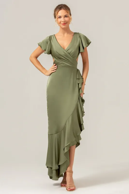 Olive A Line V Neck Satin Asymmetrical Bridesmaid Dress with Ruffle Slit sold by Zapaka