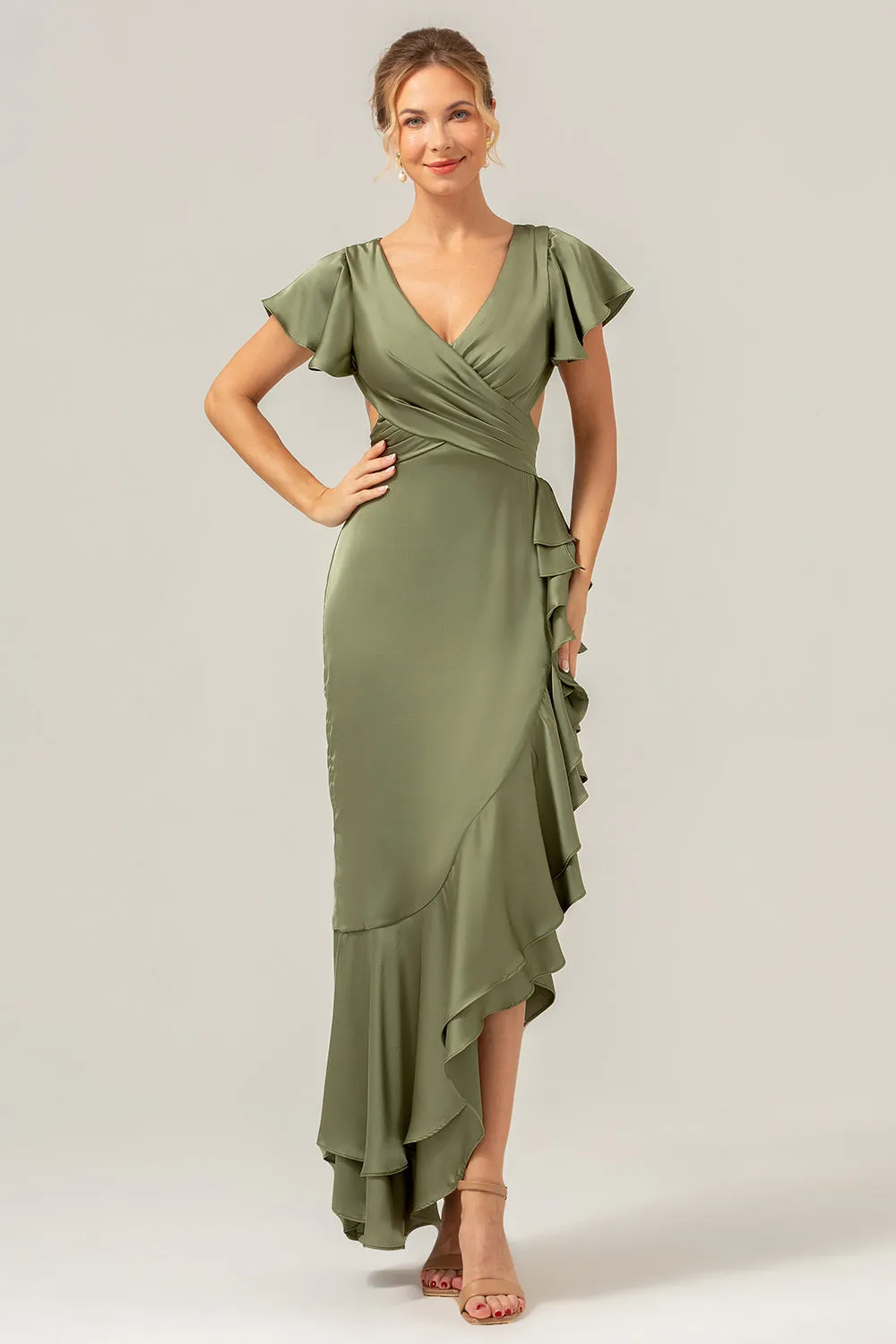 Olive A Line V Neck Satin Asymmetrical Bridesmaid Dress with Ruffle Slit sold by Zapaka