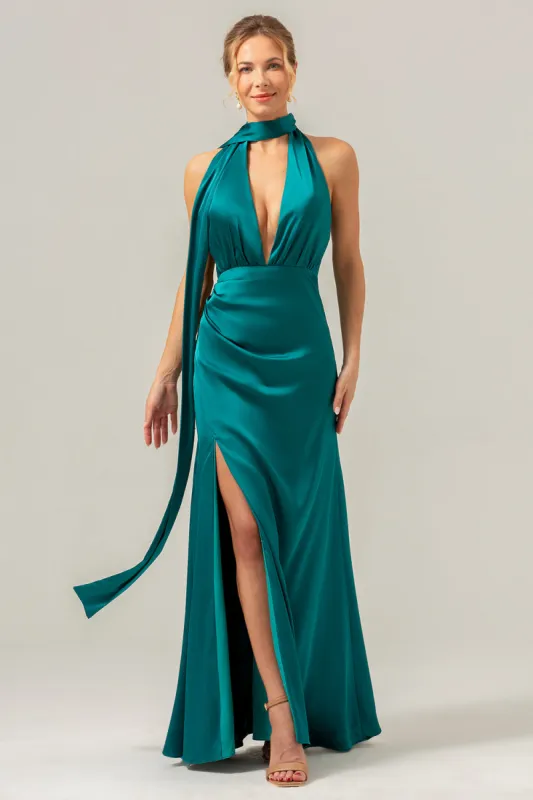 Peacock Sheath V-Neck Backless Long Bridesmaid Dress with Slit sold by Zapaka