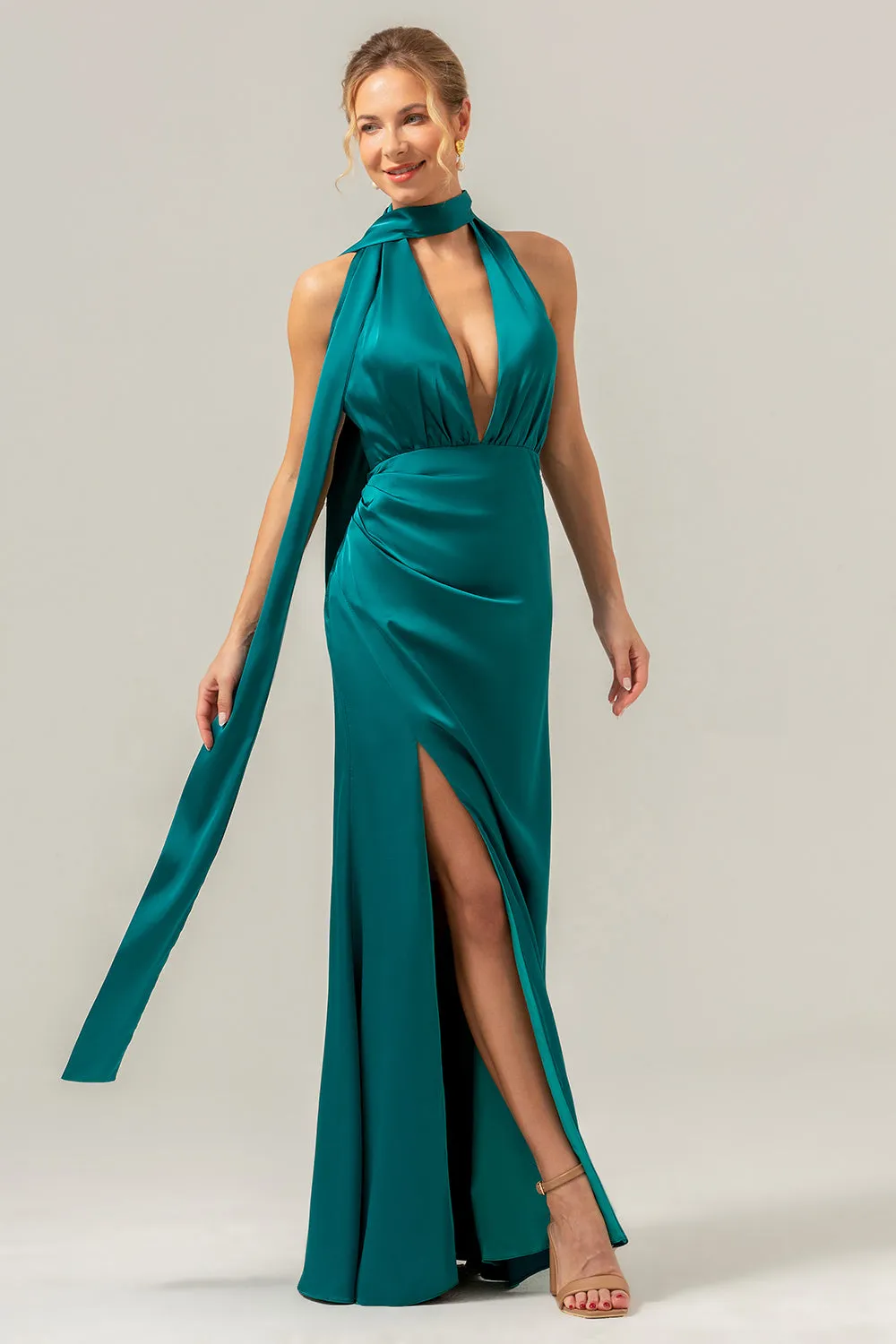 Peacock Sheath V-Neck Backless Long Bridesmaid Dress with Slit sold by Zapaka product image thumbnail 4