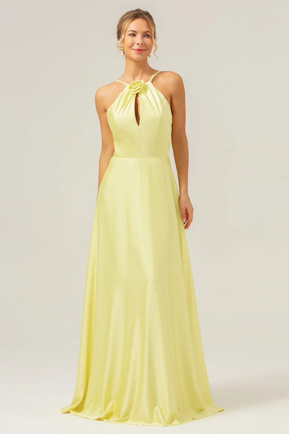 Yellow A Line Halter Cut Out Backless Long Bridesmaid Dress with Flower sold by Zapaka
