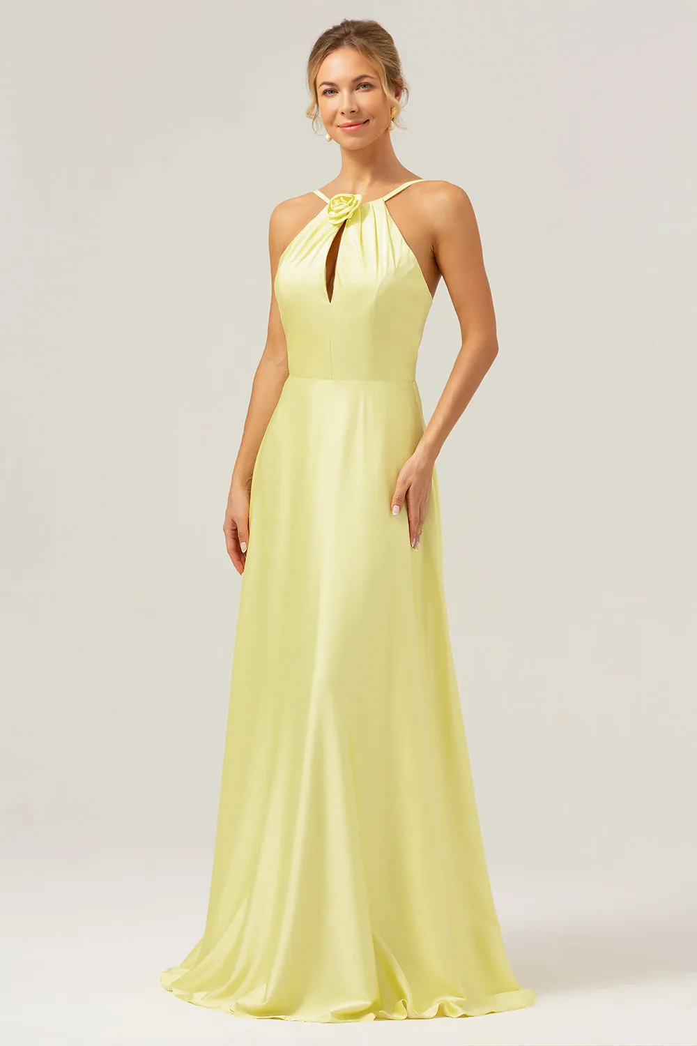 Yellow A Line Halter Cut Out Backless Long Bridesmaid Dress with Flower sold by Zapaka product image thumbnail 3