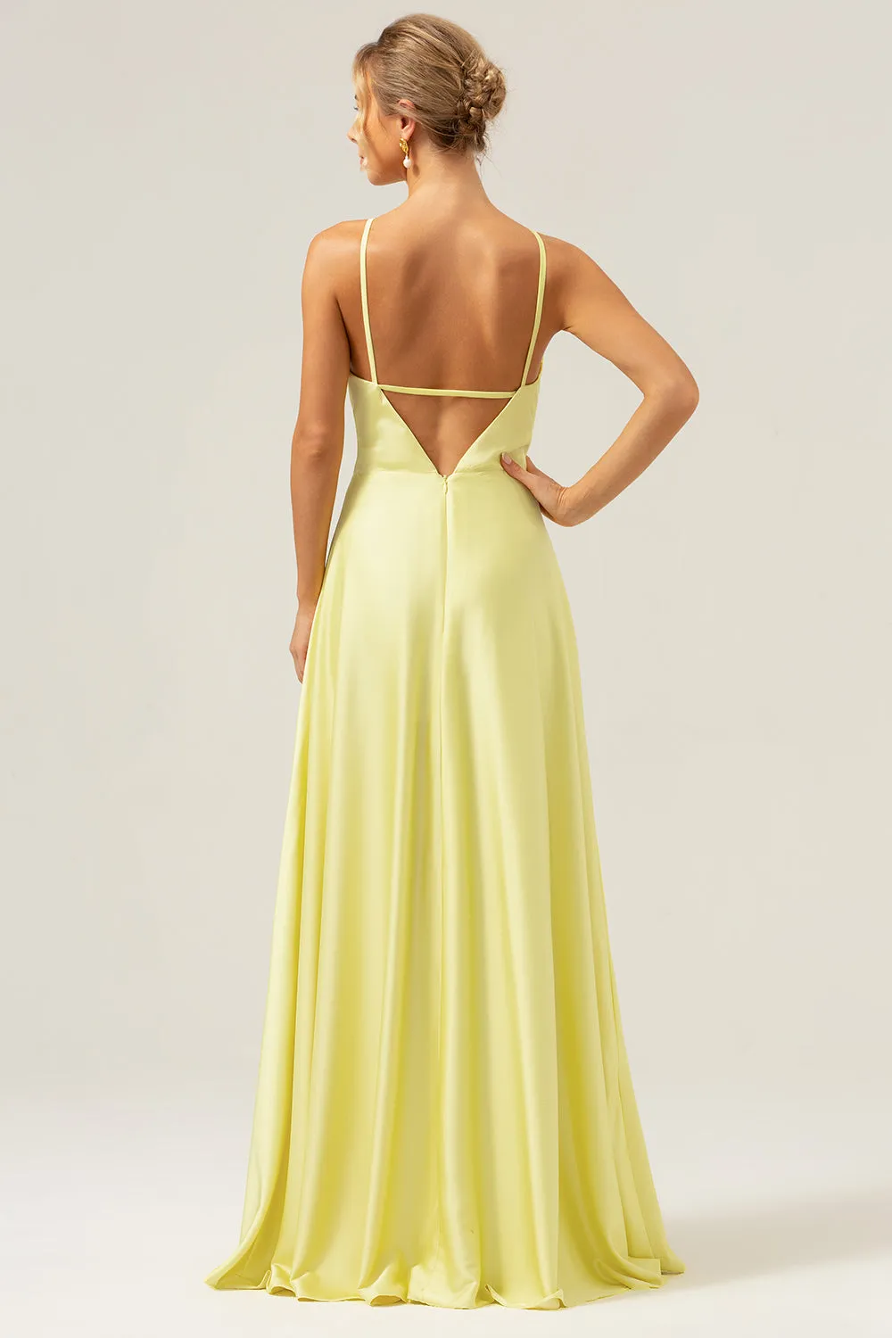 Yellow A Line Halter Cut Out Backless Long Bridesmaid Dress with Flower sold by Zapaka product image thumbnail 2