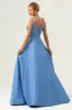 Blue A Line Spaghetti Straps Corset Satin Long Bridesmaid Dress with Slit sold by Zapaka