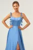Blue A Line Spaghetti Straps Corset Satin Long Bridesmaid Dress with Slit sold by Zapaka