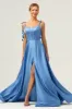Blue A Line Spaghetti Straps Corset Satin Long Bridesmaid Dress with Slit sold by Zapaka