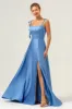 Blue A Line Spaghetti Straps Corset Satin Long Bridesmaid Dress with Slit sold by Zapaka
