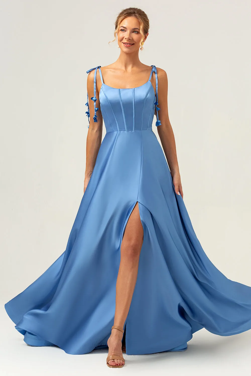 Blue A Line Spaghetti Straps Corset Satin Long Bridesmaid Dress with Slit sold by Zapaka