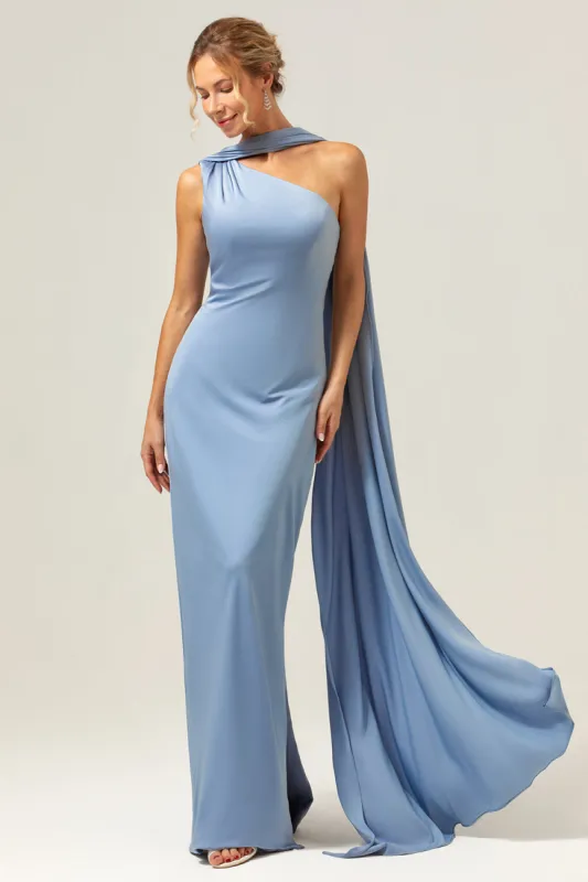 Sheath One Shoulder Satin Long Blue Bridesmaid Dress sold by Zapaka