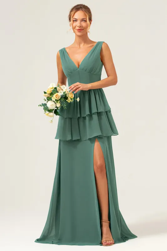 Eucalyptus A Line V Neck Corset Tiered Long Bridesmaid Dress with Slit sold by Zapaka