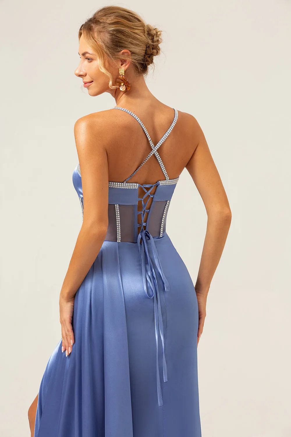 Sparkly Blue Mermaid Spaghetti Straps Corset Prom Dress with Lace-Up Back sold by Zapaka product image thumbnail 5