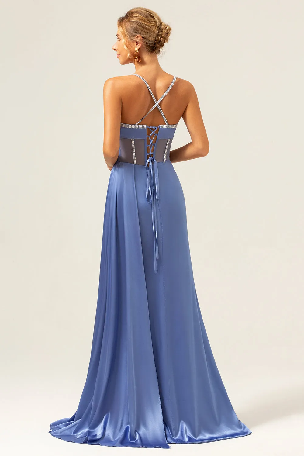 Sparkly Blue Mermaid Spaghetti Straps Corset Prom Dress with Lace-Up Back sold by Zapaka product image thumbnail 2