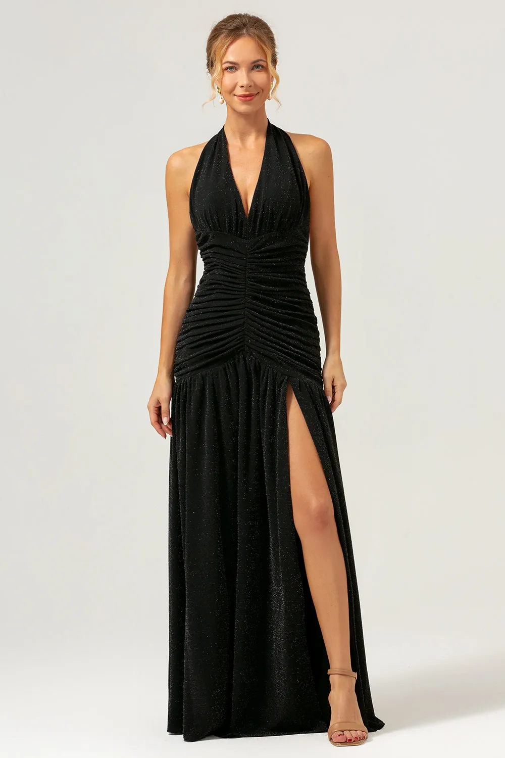 Black Mermaid Halter Pleated Backless Long Bridesmaid Dress sold by Zapaka