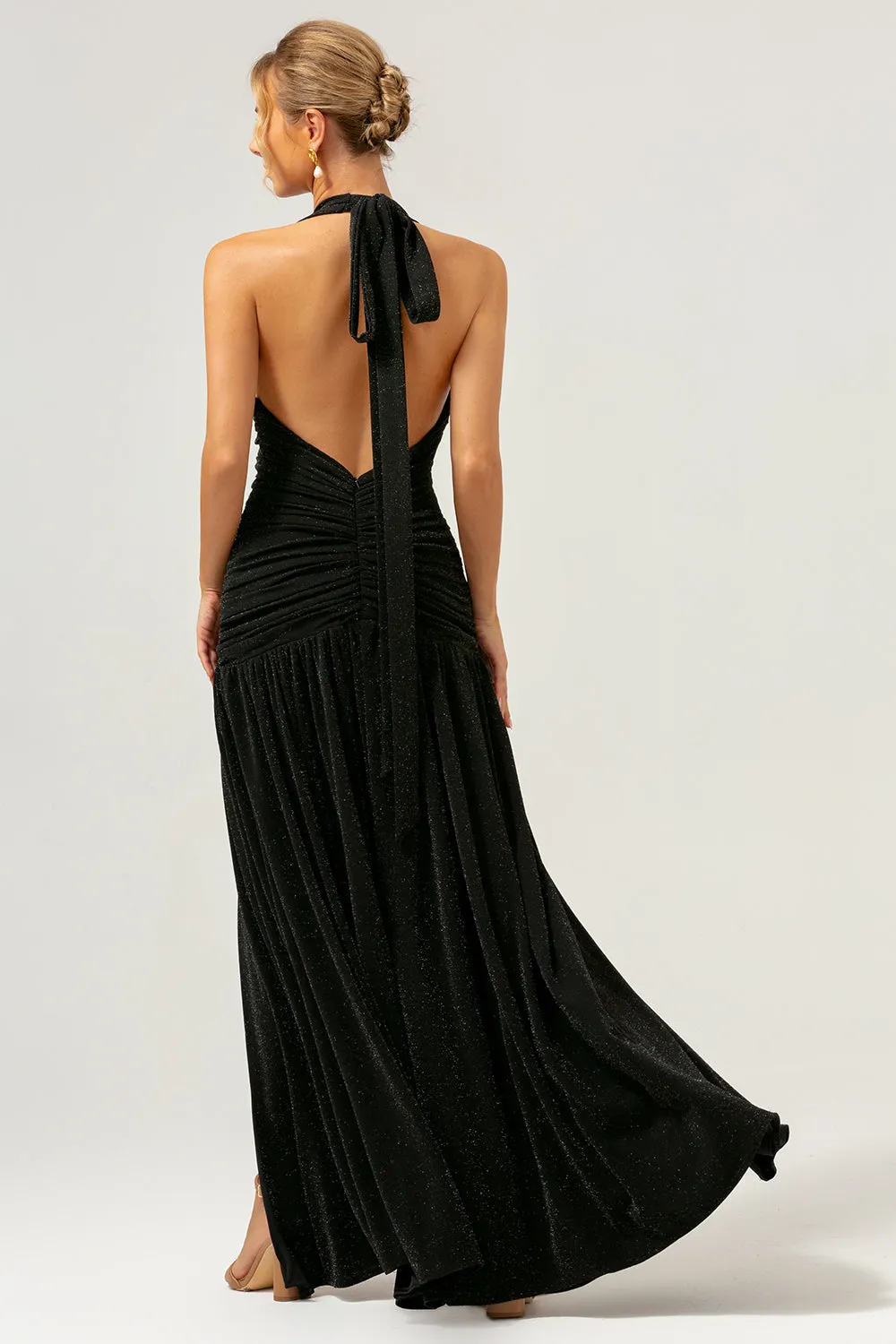 Black Mermaid Halter Pleated Backless Long Bridesmaid Dress sold by Zapaka product image thumbnail 2