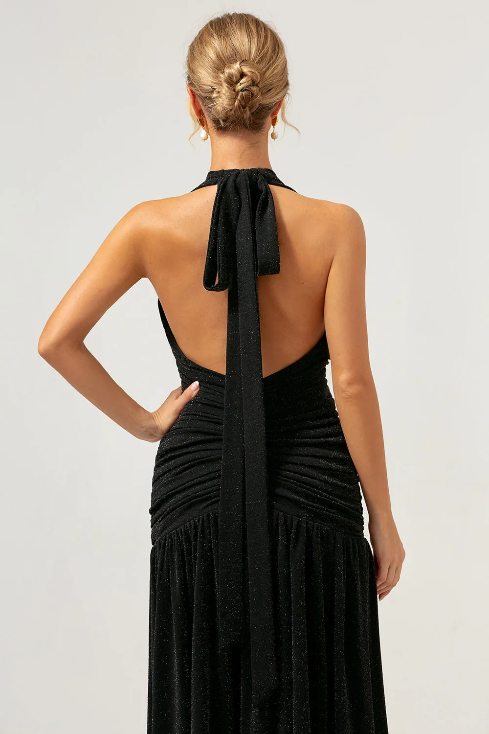 Black Mermaid Halter Pleated Backless Long Bridesmaid Dress sold by Zapaka product image thumbnail 5