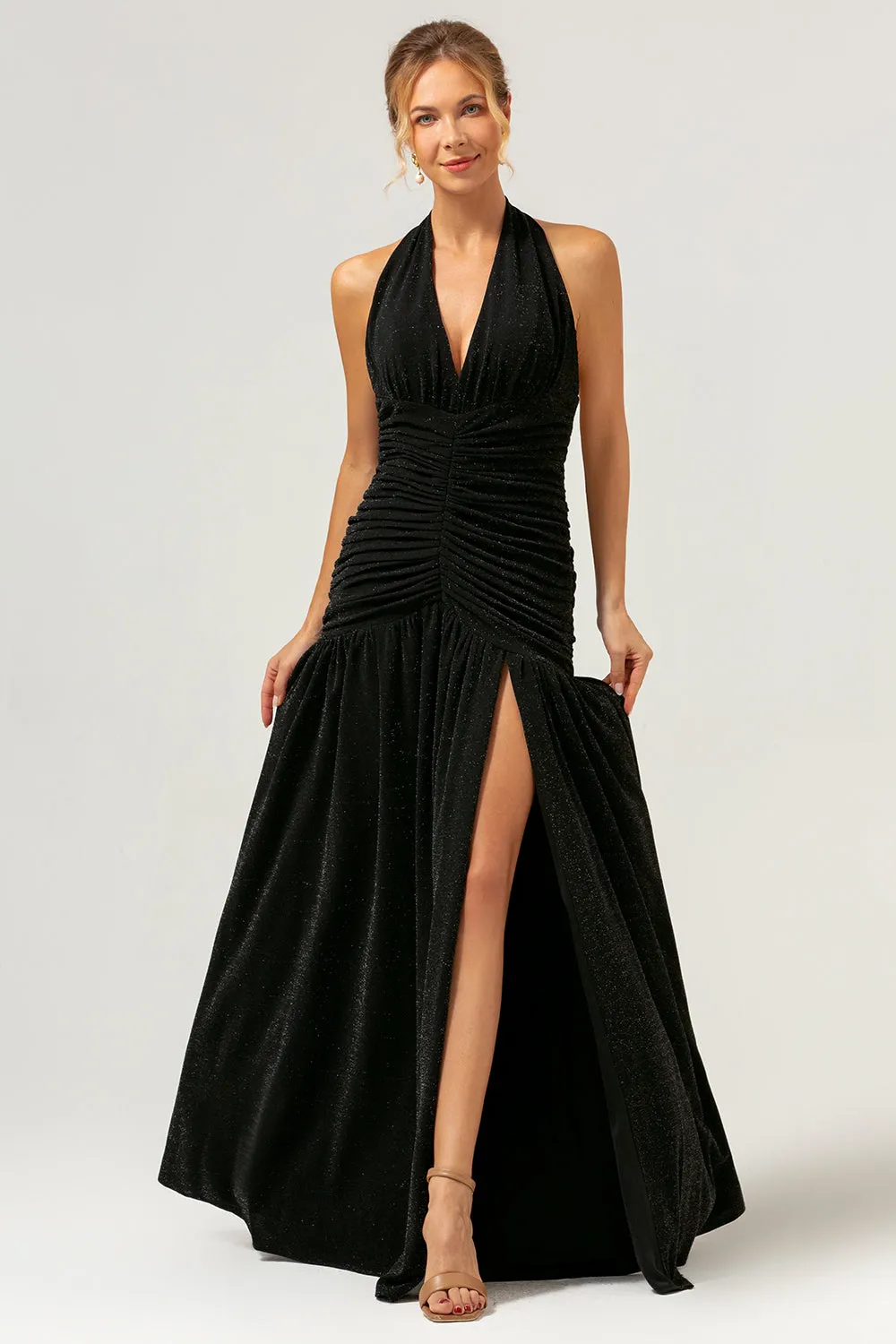 Black Mermaid Halter Pleated Backless Long Bridesmaid Dress sold by Zapaka product image thumbnail 3
