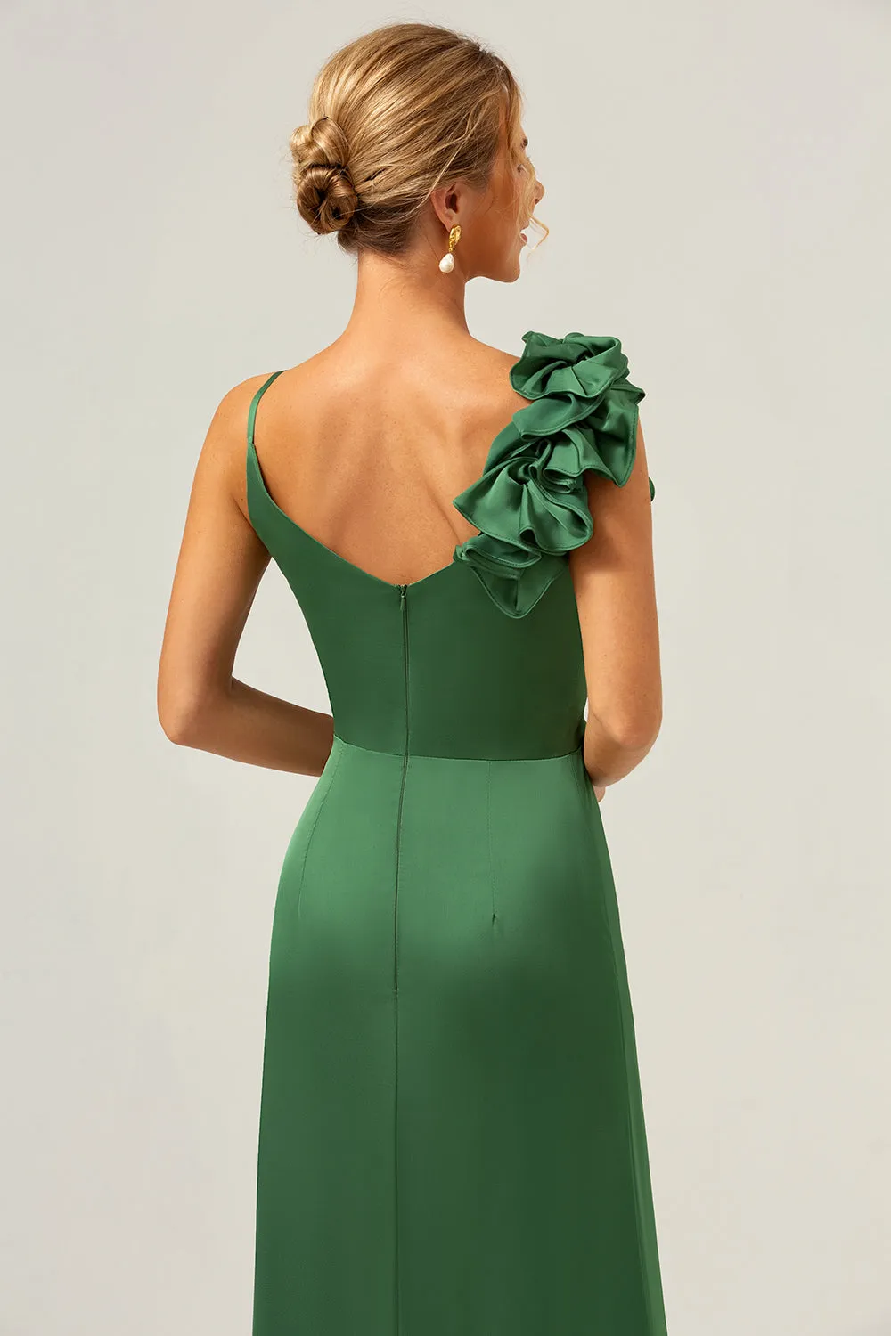 Olive Green Sheath Pleated Satin Long Bridesmaid Dress with Slit sold by Zapaka product image thumbnail 5