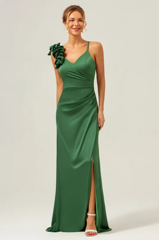 Olive Green Sheath Pleated Satin Long Bridesmaid Dress with Slit sold by Zapaka
