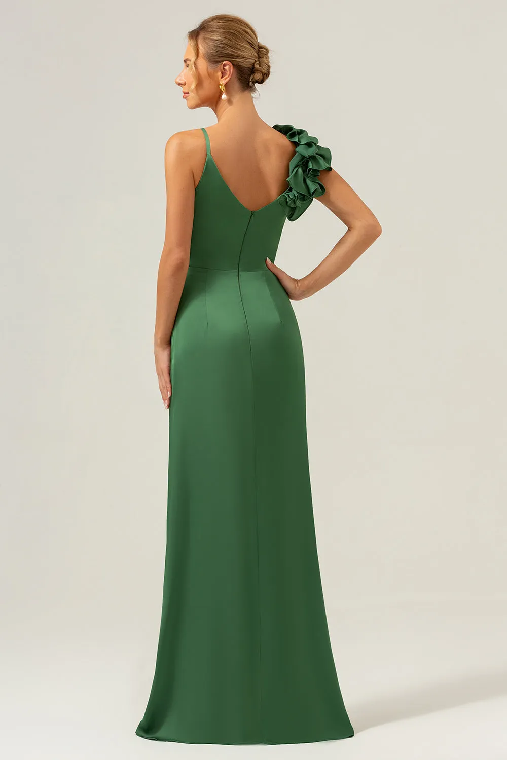 Olive Green Sheath Pleated Satin Long Bridesmaid Dress with Slit sold by Zapaka product image thumbnail 2