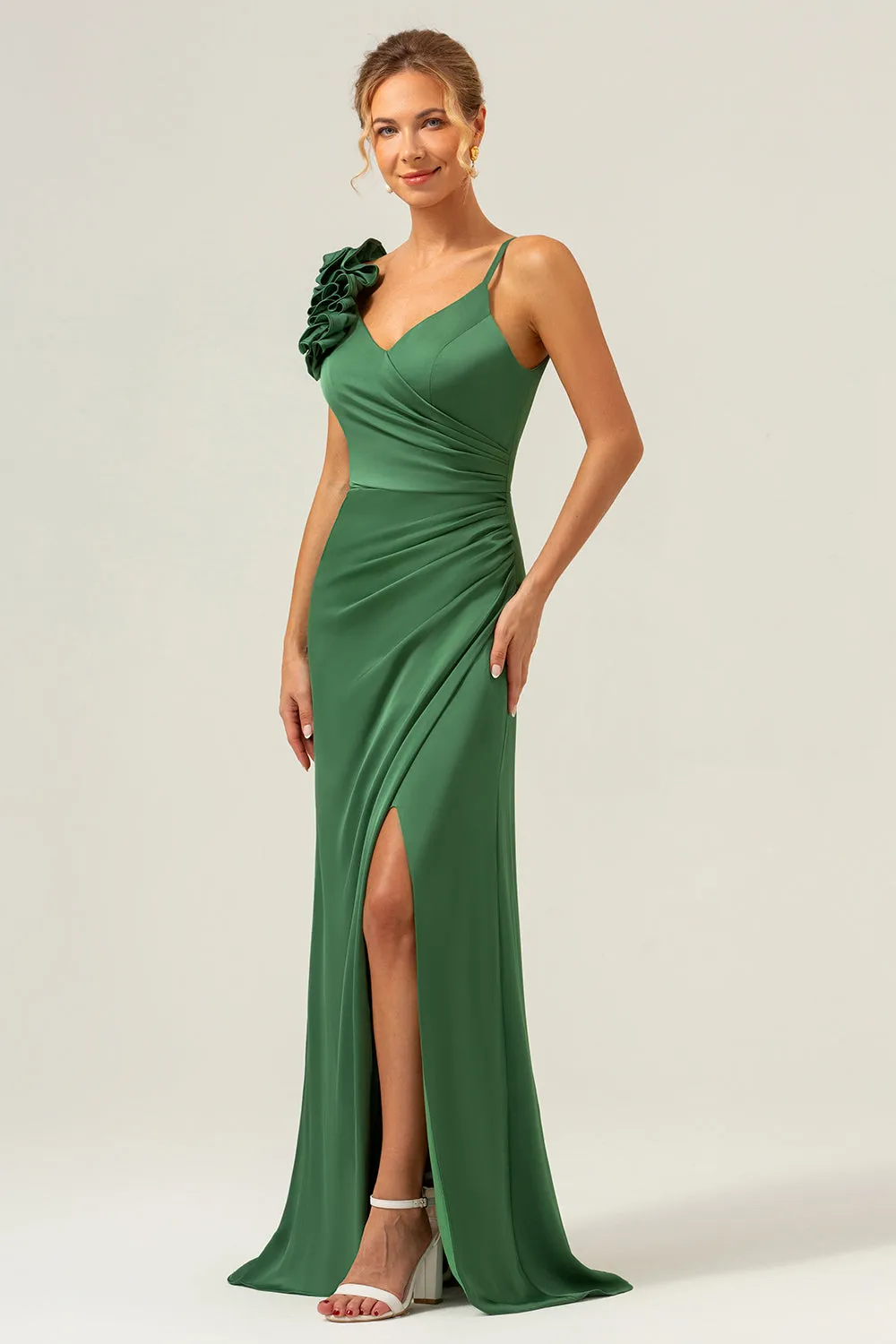 Olive Green Sheath Pleated Satin Long Bridesmaid Dress with Slit sold by Zapaka product image thumbnail 3