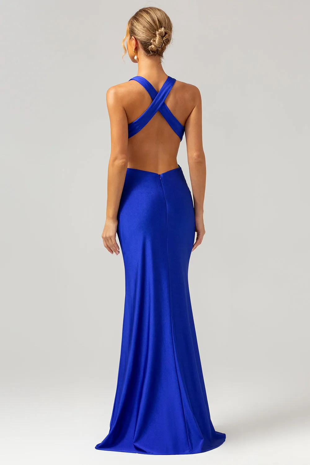 Royal Blue Mermaid V Neck Cut Out Ruched Long Bridesmaid Dress sold by Zapaka product image thumbnail 2