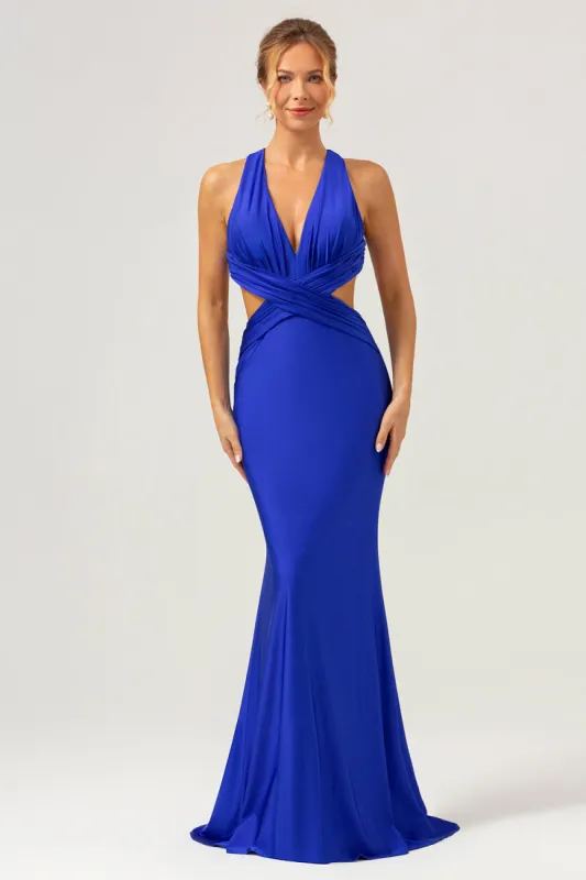 Royal Blue Mermaid V Neck Cut Out Ruched Long Bridesmaid Dress sold by Zapaka