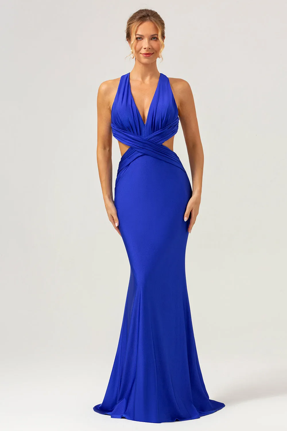 Royal Blue Mermaid V Neck Cut Out Ruched Long Bridesmaid Dress sold by Zapaka