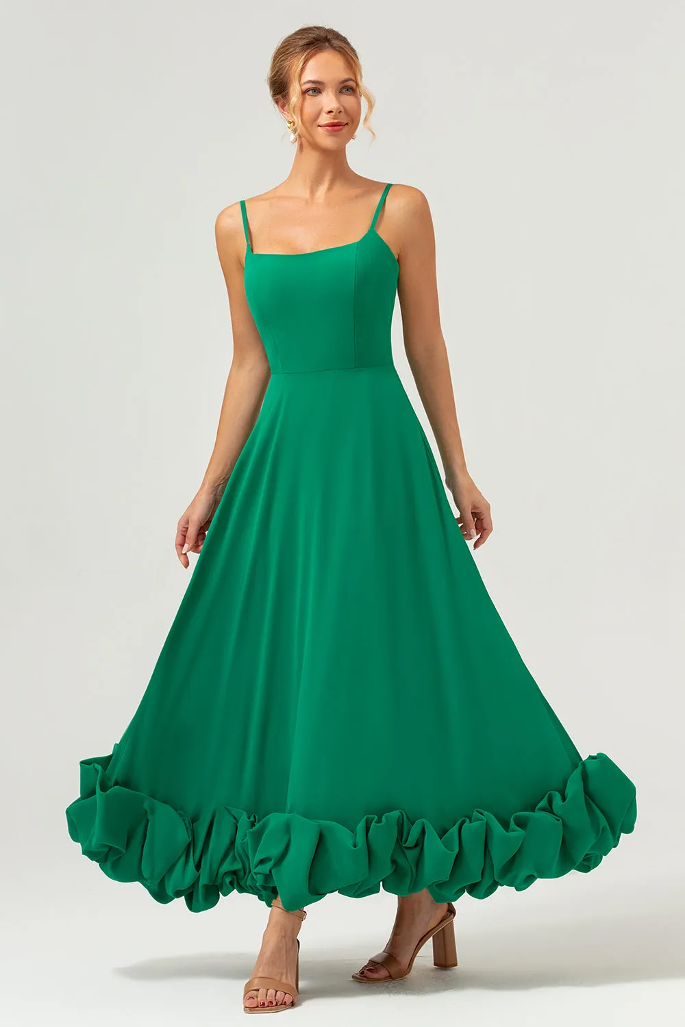 Elegant Green A Line Spaghetti Straps Chiffon Long Bridesmaid Dress sold by Zapaka