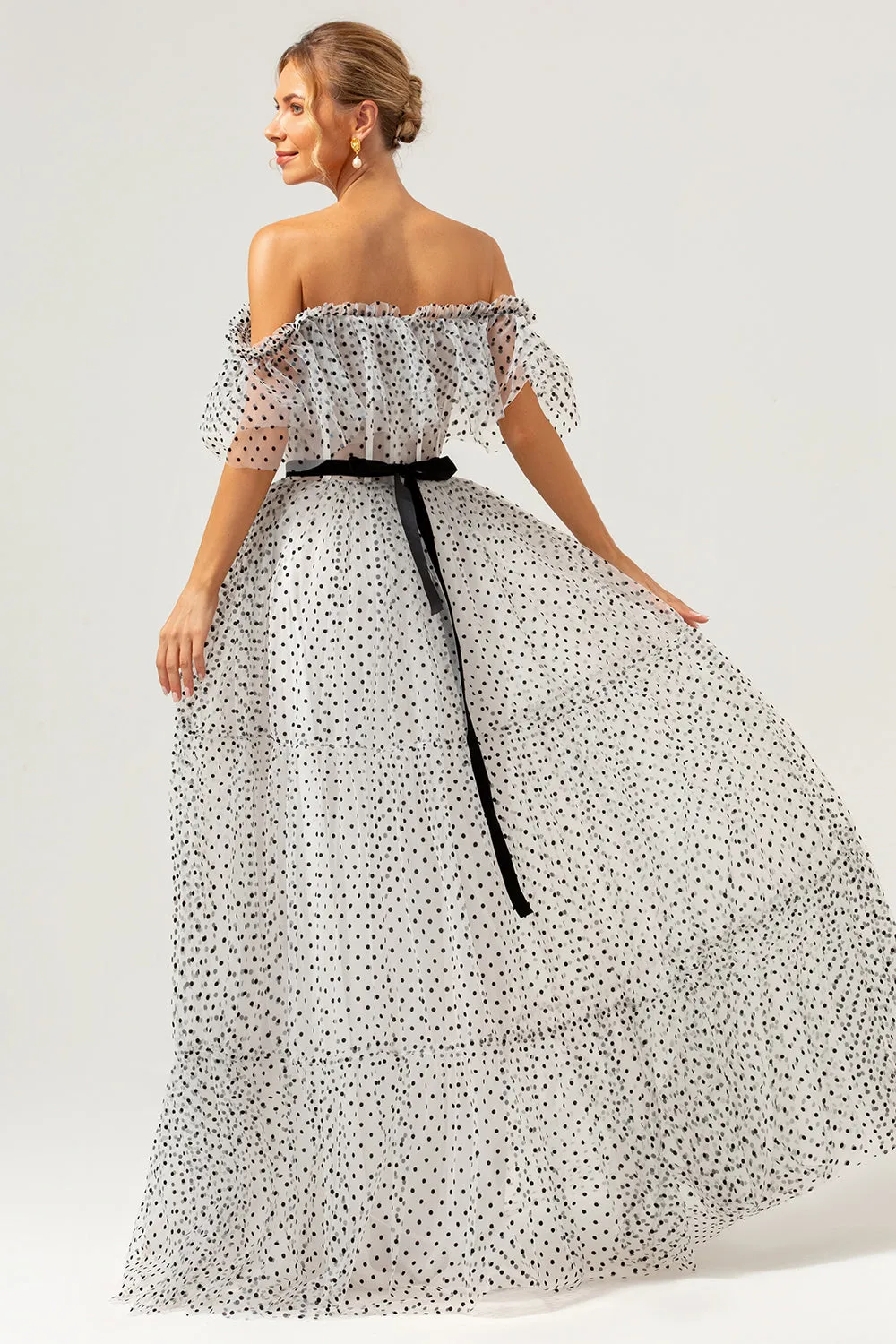 White Black A-Line Off The Shoulder Long Prom Dress with Dot sold by Zapaka product image thumbnail 2