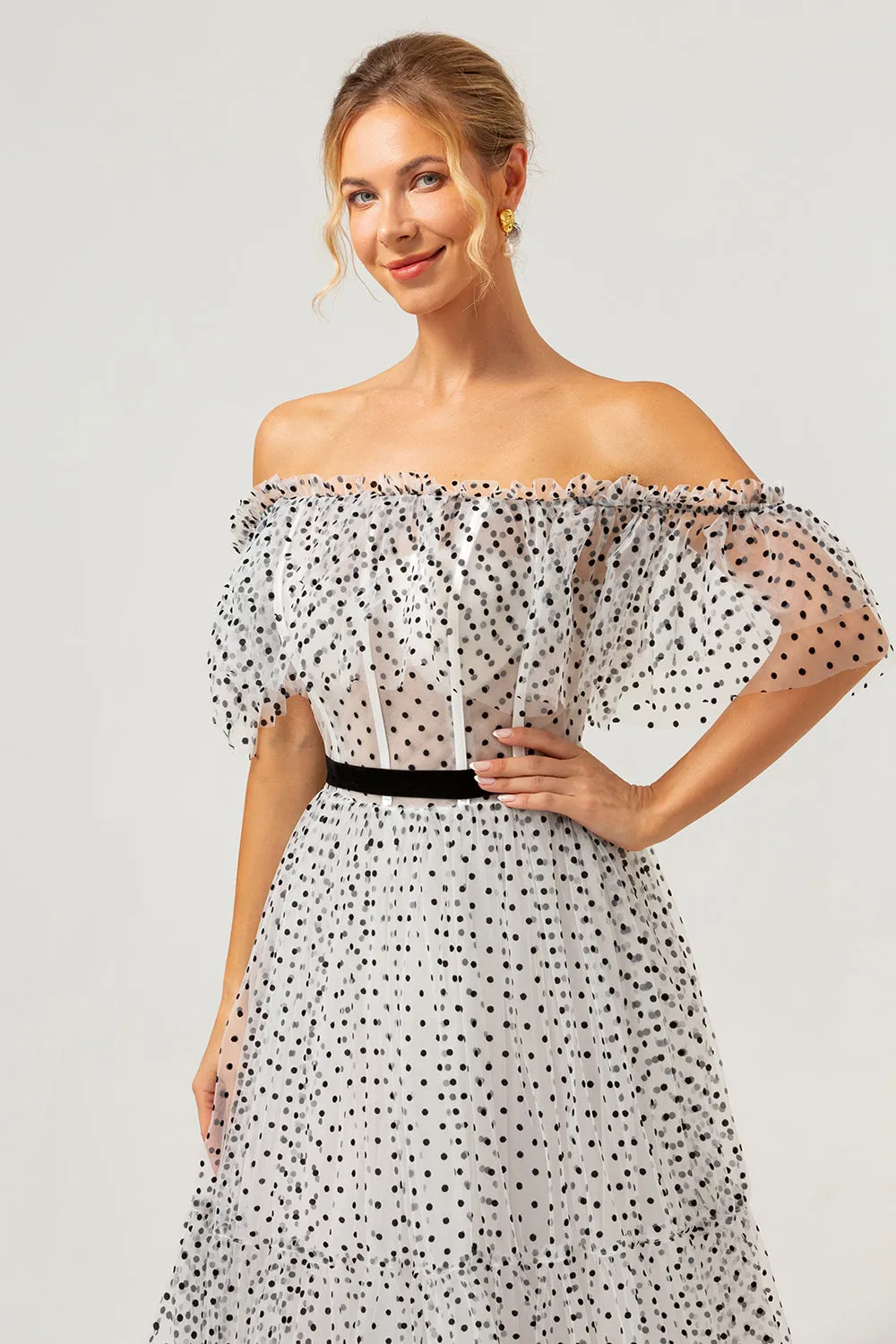 White Black A-Line Off The Shoulder Long Prom Dress with Dot sold by Zapaka product image thumbnail 4