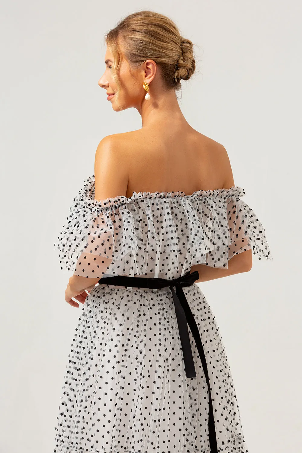 White Black A-Line Off The Shoulder Long Prom Dress with Dot sold by Zapaka product image thumbnail 5