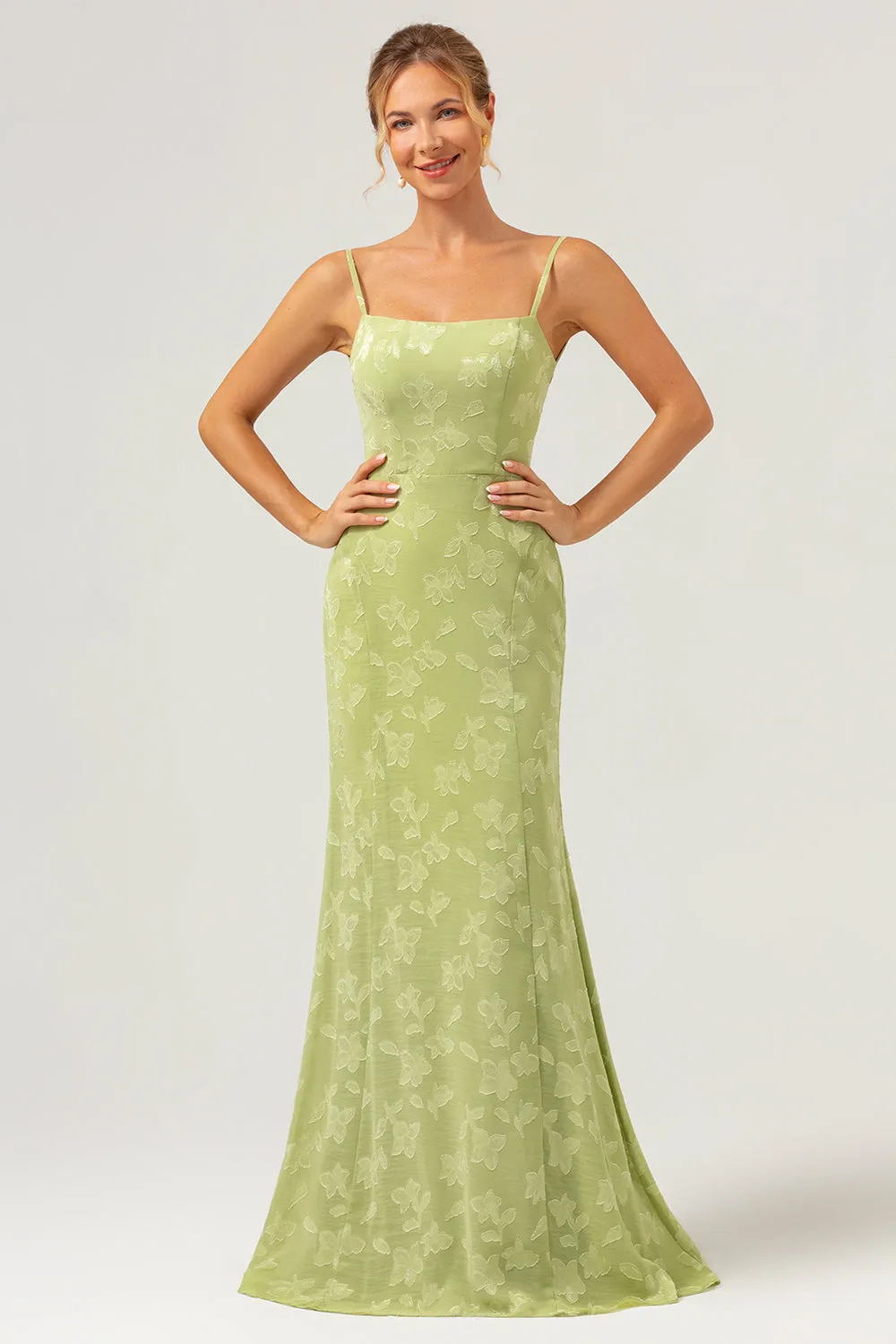 Green Mermaid Spaghetti Straps Embroidered Bridesmaid Dress with Lace Up Back sold by Zapaka