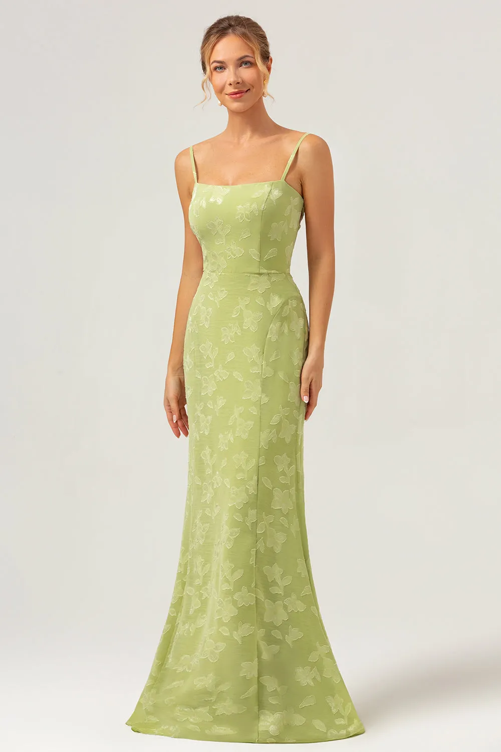 Green Mermaid Spaghetti Straps Embroidered Bridesmaid Dress with Lace Up Back sold by Zapaka product image thumbnail 3