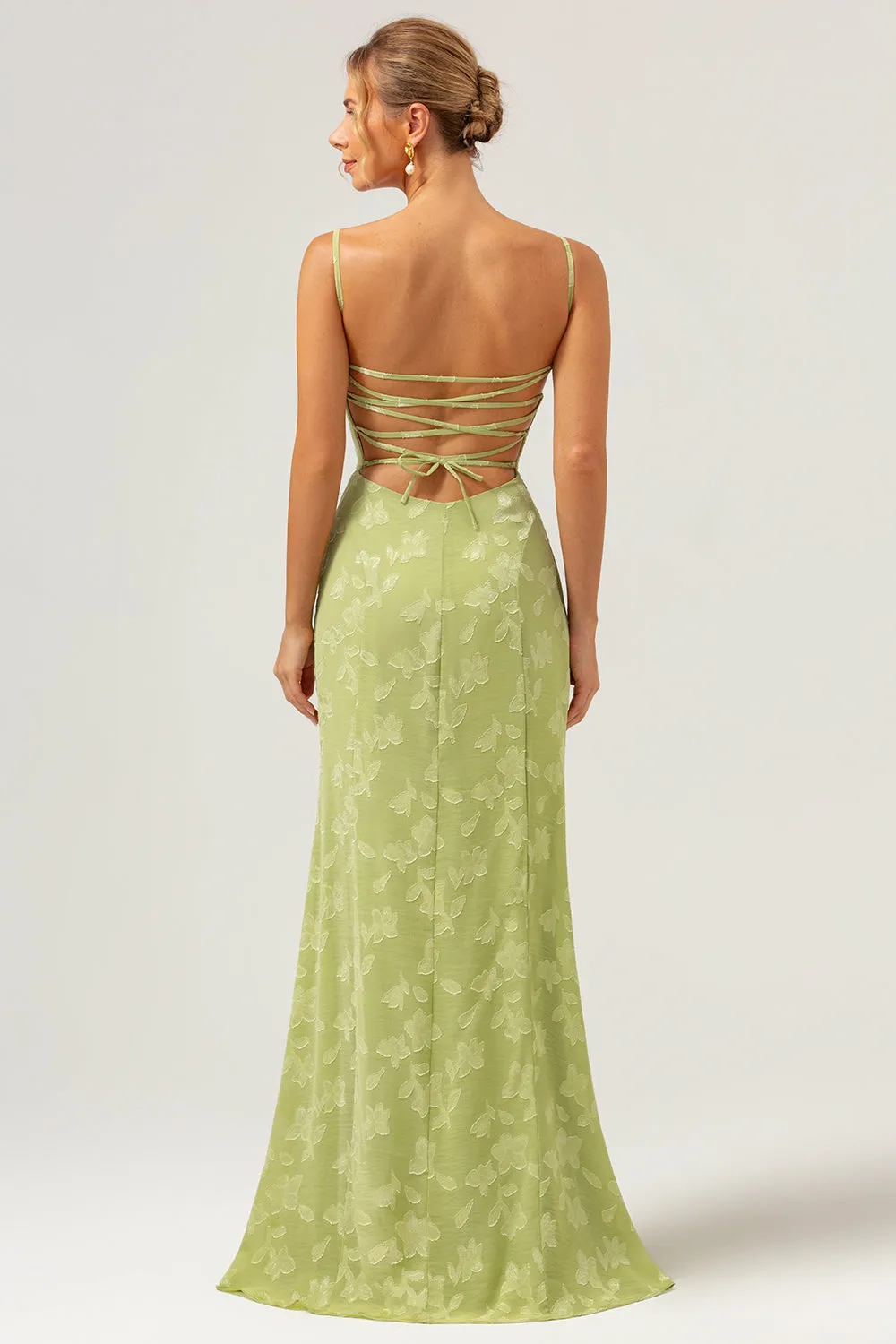 Green Mermaid Spaghetti Straps Embroidered Bridesmaid Dress with Lace Up Back sold by Zapaka product image thumbnail 2