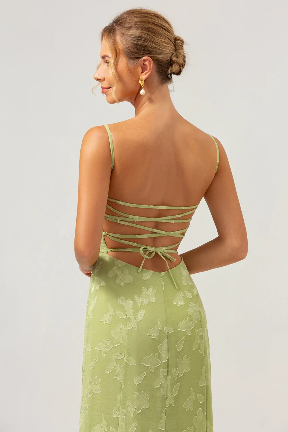 Green Mermaid Spaghetti Straps Embroidered Bridesmaid Dress with Lace Up Back sold by Zapaka product image thumbnail 5