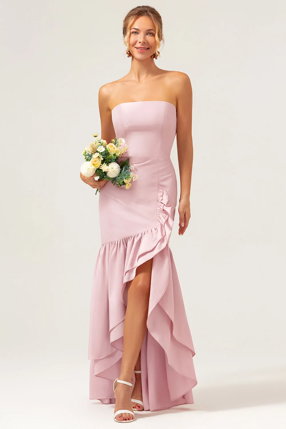 Pink Sheath Strapless Asymmetrical Ruffled Bridesmaid Dress sold by Zapaka product image thumbnail 4