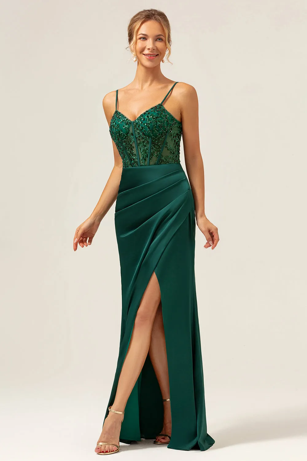 Dark Green Mermaid Spaghetti Straps Corset Satin Long Bridesmaid Dress with Slit sold by Zapaka product image thumbnail 3