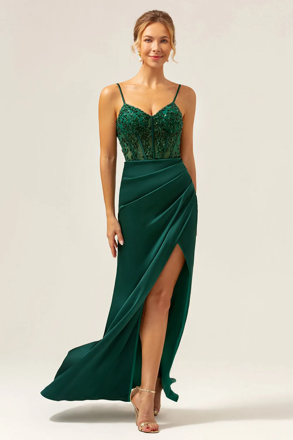 Dark Green Mermaid Spaghetti Straps Corset Satin Long Bridesmaid Dress with Slit sold by Zapaka