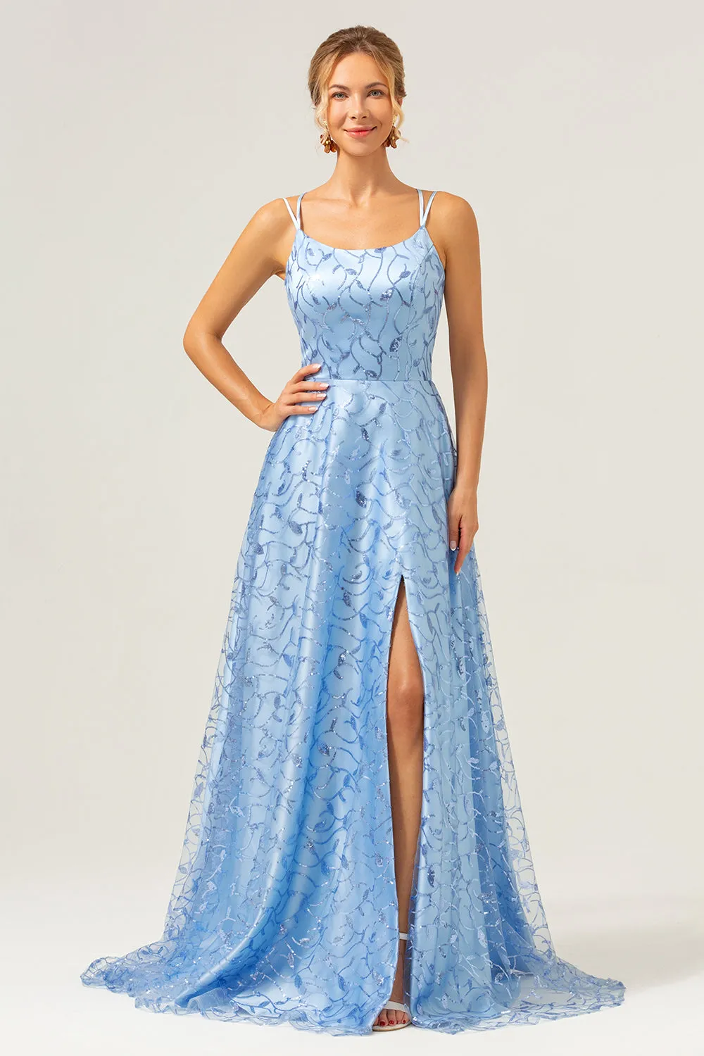 Sparkly Blue A Line Spaghetti Straps Sequins Lace Up Back Prom Dress with Slit sold by Zapaka product image thumbnail 4