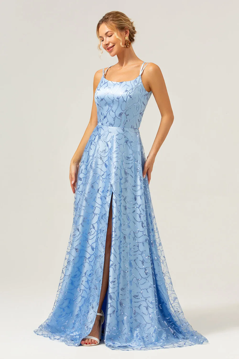 Sparkly Blue A Line Spaghetti Straps Sequins Lace Up Back Prom Dress with Slit sold by Zapaka product image thumbnail 3
