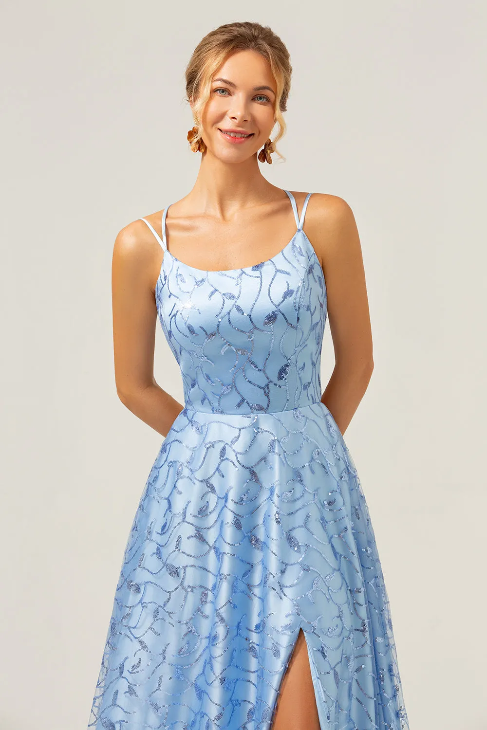 Sparkly Blue A Line Spaghetti Straps Sequins Lace Up Back Prom Dress with Slit sold by Zapaka product image thumbnail 5