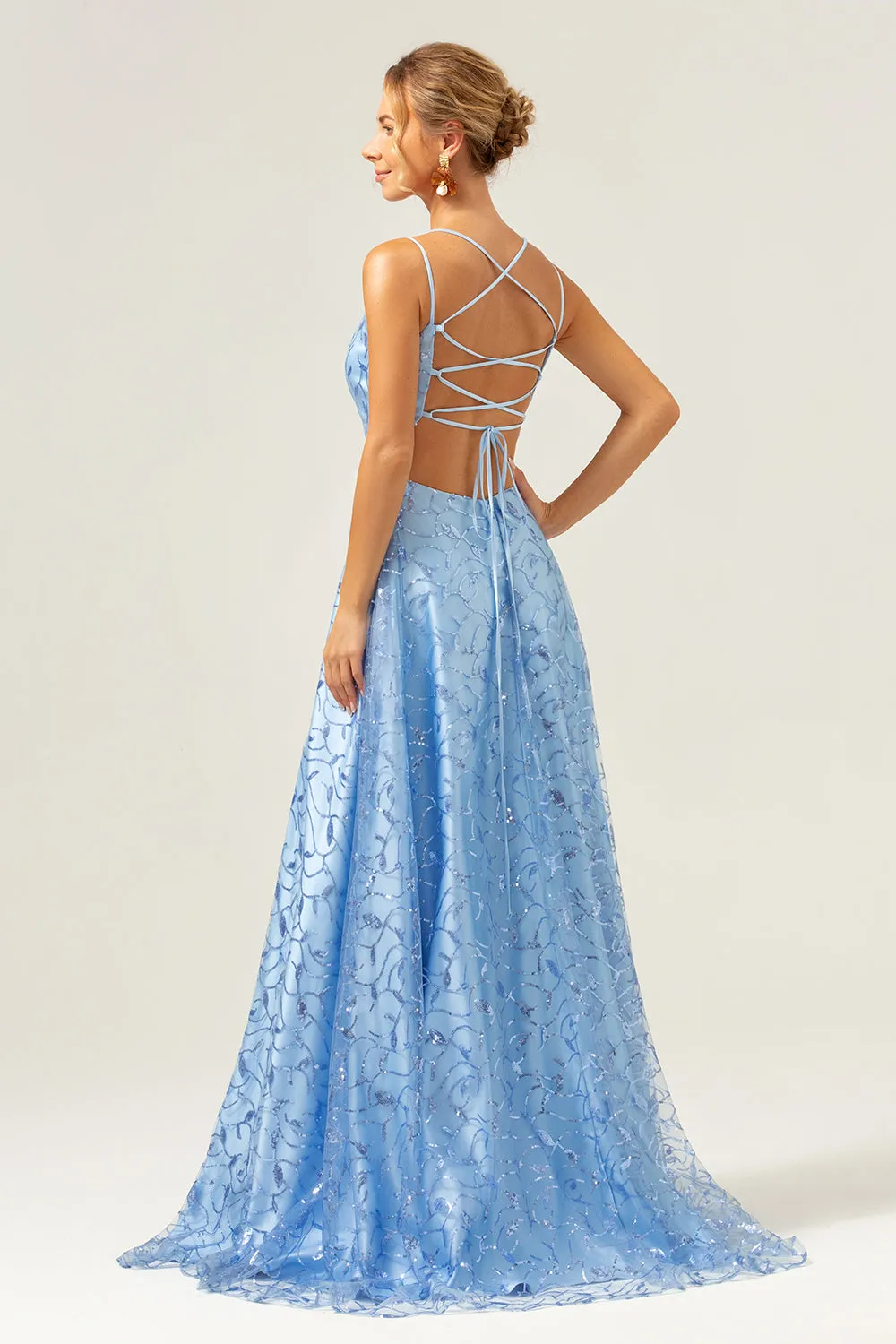 Sparkly Blue A Line Spaghetti Straps Sequins Lace Up Back Prom Dress with Slit sold by Zapaka product image thumbnail 2