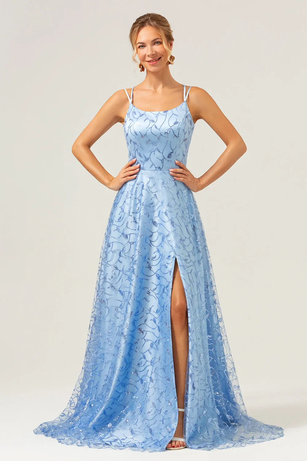 Sparkly Blue A Line Spaghetti Straps Sequins Lace Up Back Prom Dress with Slit sold by Zapaka