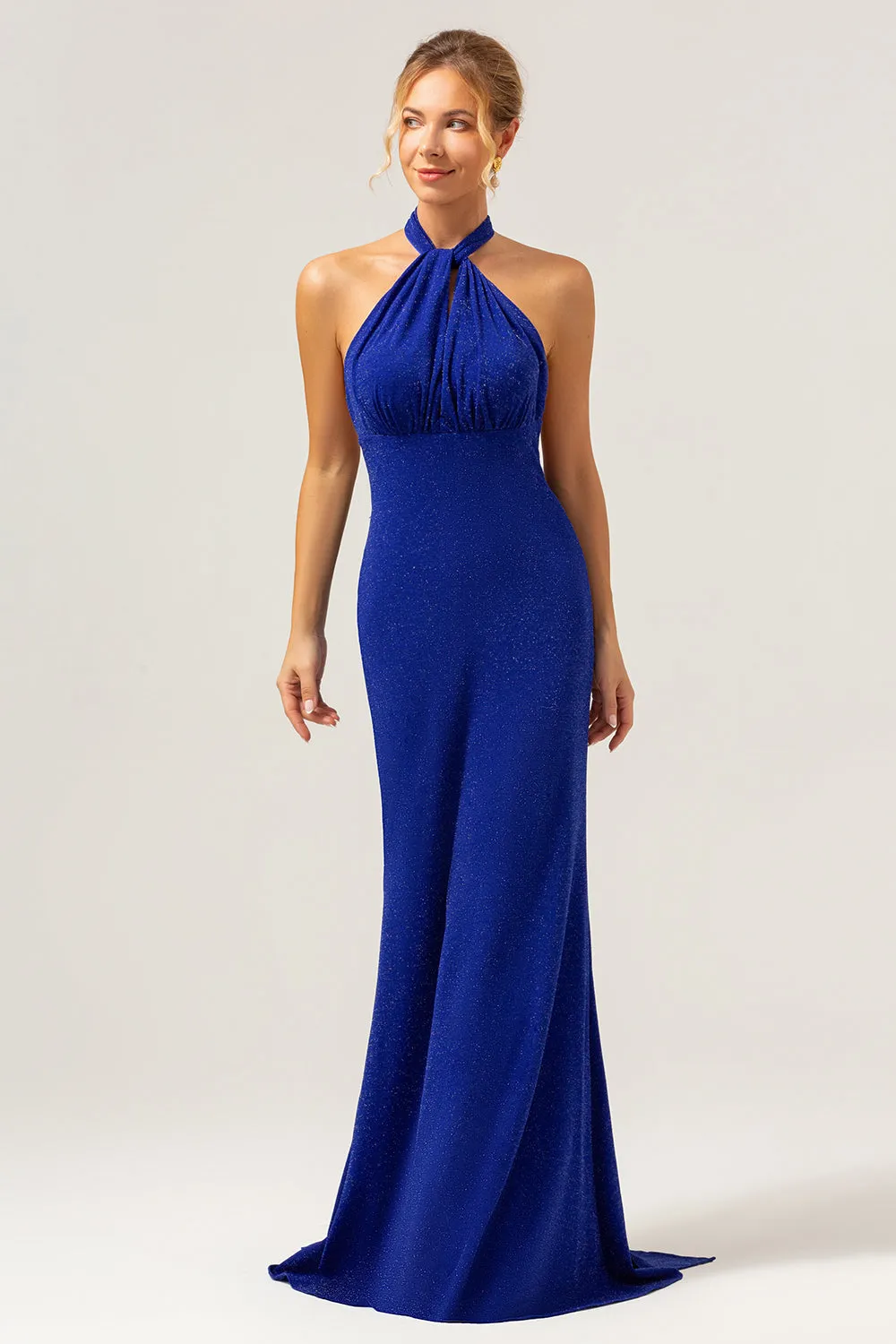 Glitter Blue Mermaid Halter Backless Long Bridesmaid Dress sold by Zapaka product image thumbnail 4