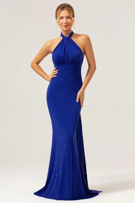 Glitter Blue Mermaid Halter Backless Long Bridesmaid Dress sold by Zapaka
