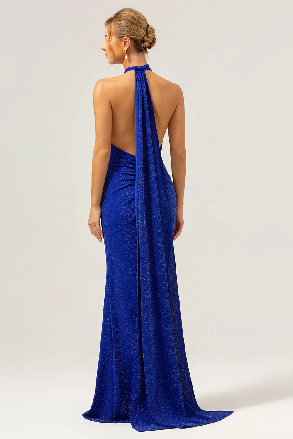 Glitter Blue Mermaid Halter Backless Long Bridesmaid Dress sold by Zapaka product image thumbnail 2