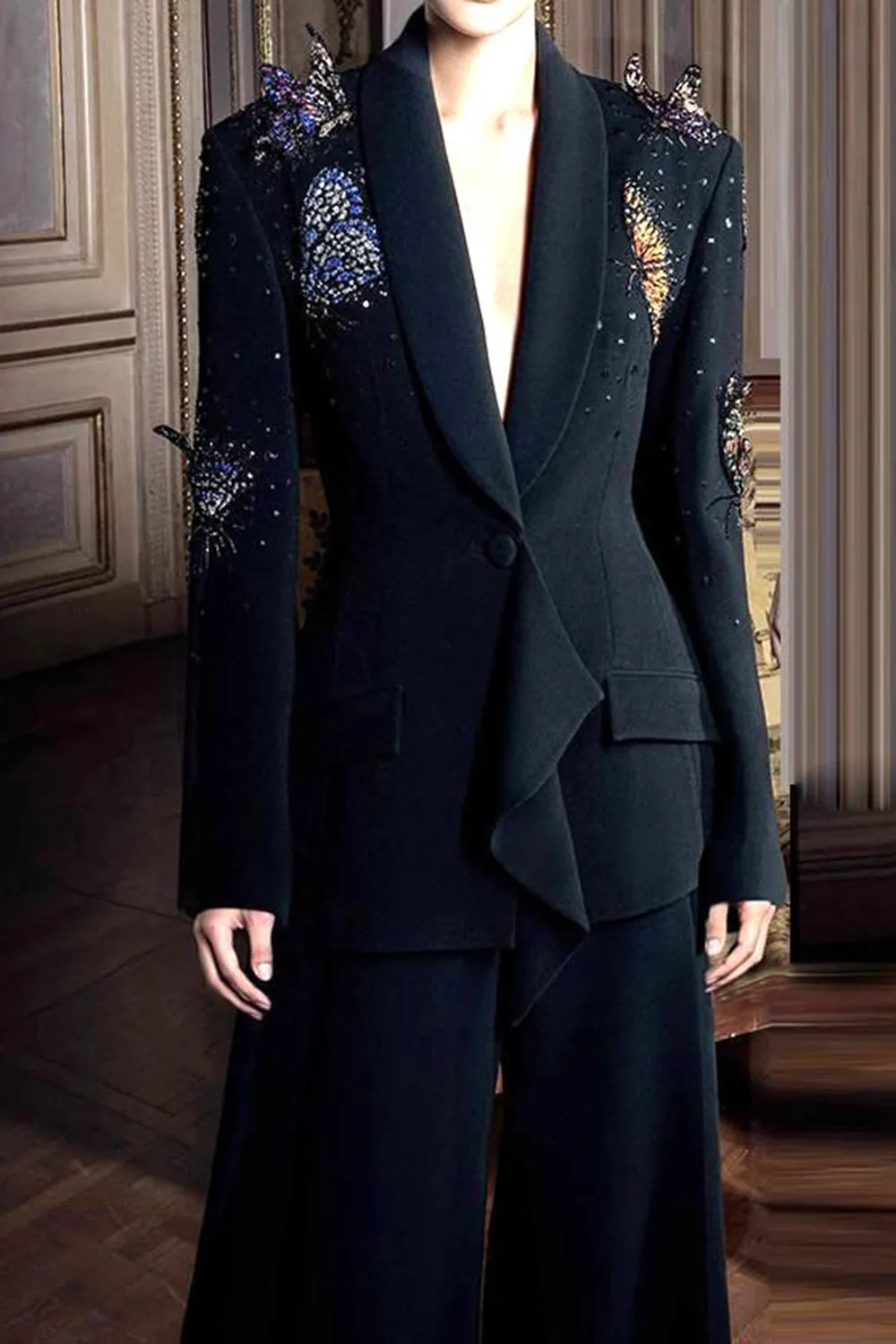 Black Shawl Lapel 2 Pieces Women Suits with Butterflies sold by Zapaka product image thumbnail 2