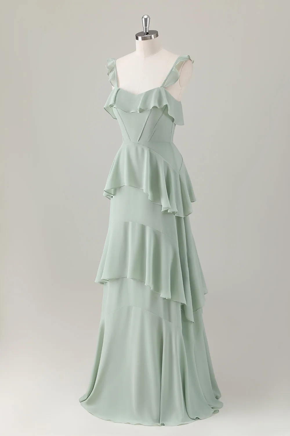 Light Green A-Line Ruffle Tiered Chiffon Corset Long Bridesmaid Dress sold by Zapaka product image thumbnail 3