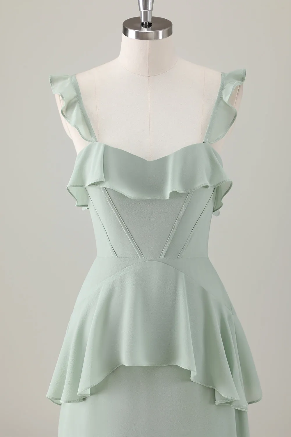 Light Green A-Line Ruffle Tiered Chiffon Corset Long Bridesmaid Dress sold by Zapaka product image thumbnail 4