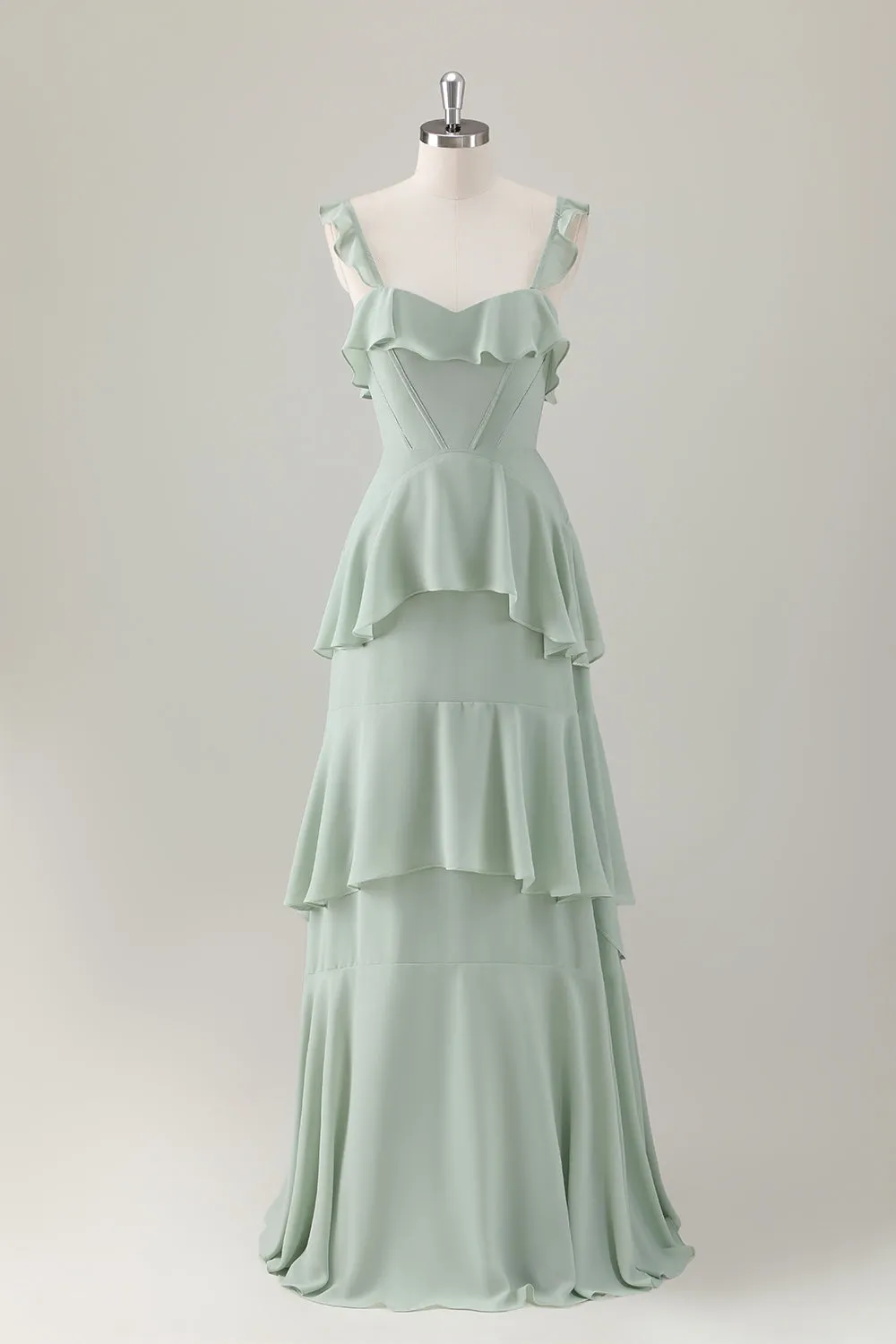 Light Green A-Line Ruffle Tiered Chiffon Corset Long Bridesmaid Dress sold by Zapaka
